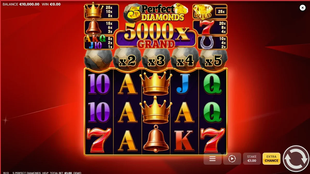 Interface visual do slot 5 Perfect Diamonds com fundo vermelho e símbolos clássicos