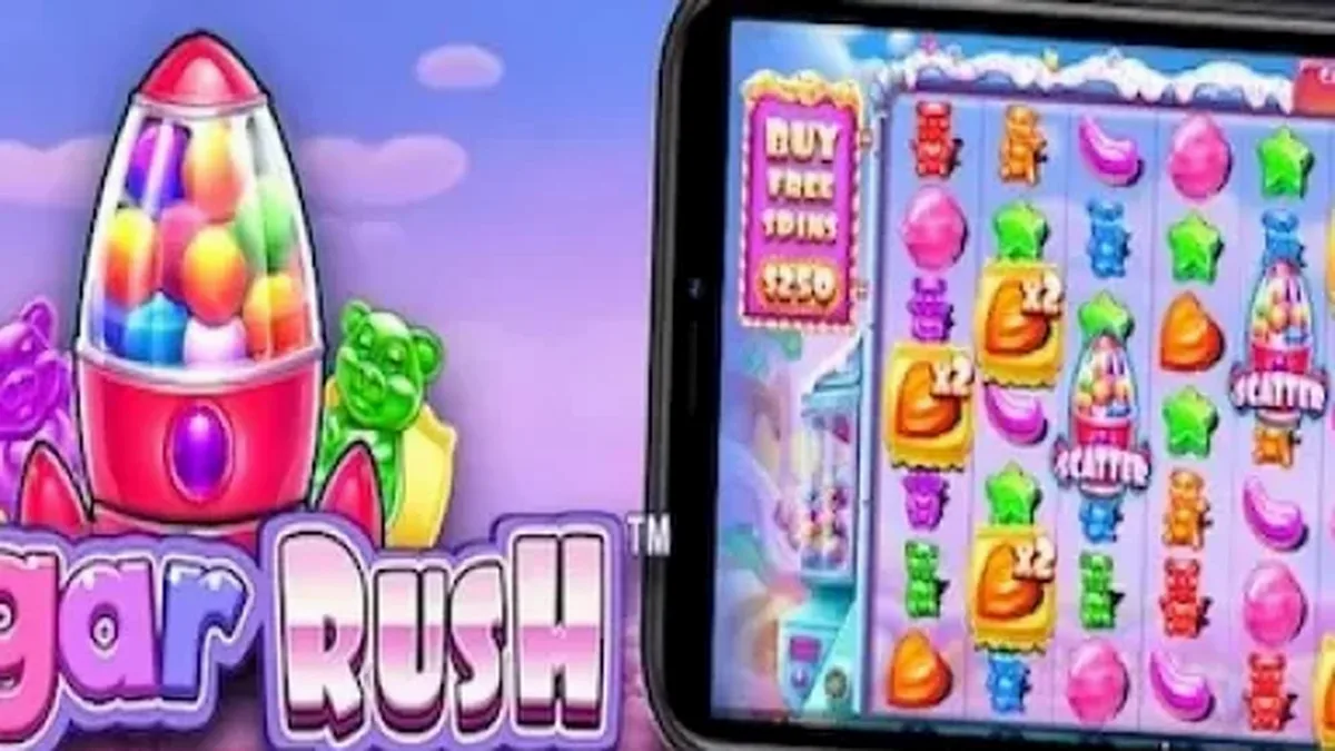 Interface colorida e vibrante do jogo de slot Sugar Rush com doces e guloseimas