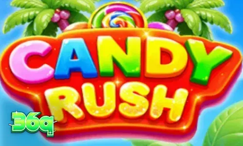Interface vibrante do slot Candy Rush com grade 7x7 e doces coloridos
